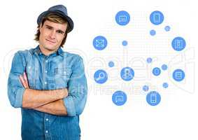 Portrait of smiling man standing against various application icons