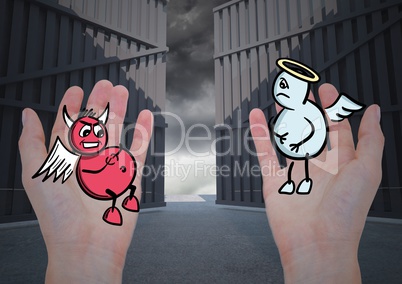 Digital composite image of hand holding devil and angel