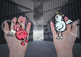 Digital composite image of hand holding devil and angel