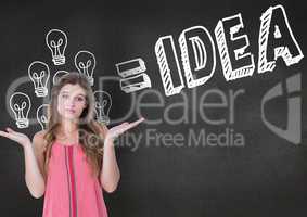 Confused woman gesturing against idea concept on blackboard