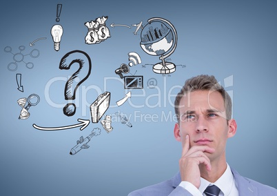 Businessman thinking over garphic icons