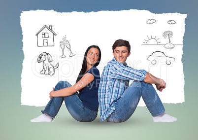 Couple sitting back to back with hand drawn graphics against blue background