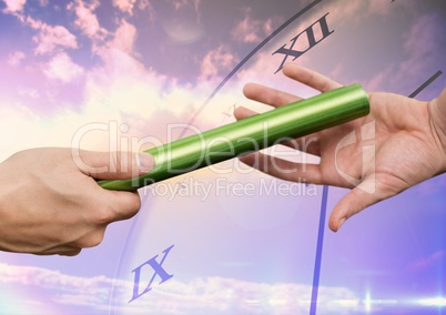 Hands passing the baton against digitally generated background
