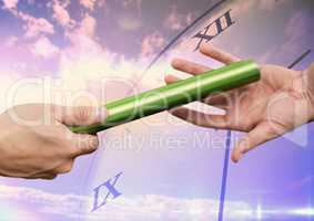 Hands passing the baton against digitally generated background