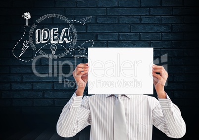Businessman holding a blank placard in front of his face with text idea
