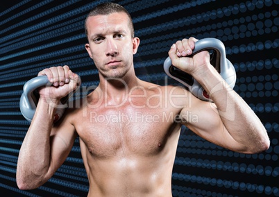 Healthy man lifting kettle bell against digitally generated background