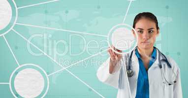 Female doctor pretending to touch an invisible screen against world map in background