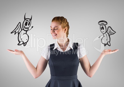 Digital composite image of a smiling woman holding angel and demon