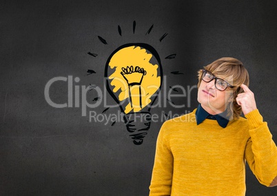 Confused man standing next to glowing light bulb icon