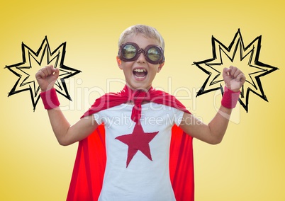 Boy in superhero costume showing fists against yellow background