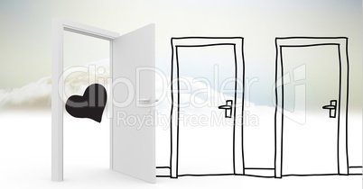 Open door with black heart shape and drawn doors