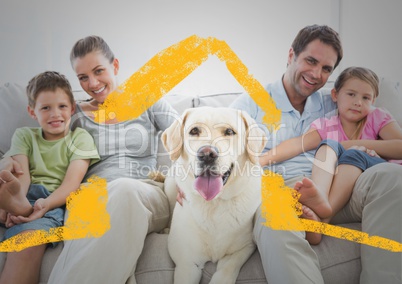 Family and dog sitting on a couch at home against house outline in background