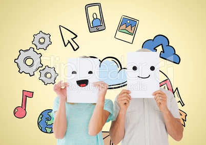 Man and woman holding smiley faces over their face with various icons in background