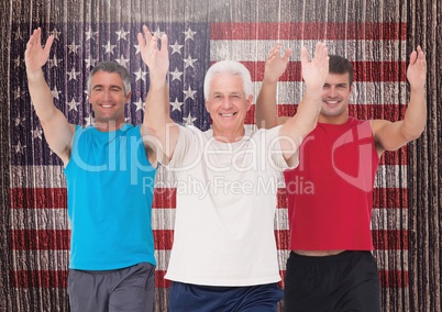 Dad, son and grandfather performing exercise against american flag in background