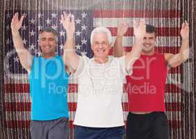 Dad, son and grandfather performing exercise against american flag in background