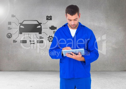 Mechanic using digital tablet against car mechanic interface in background