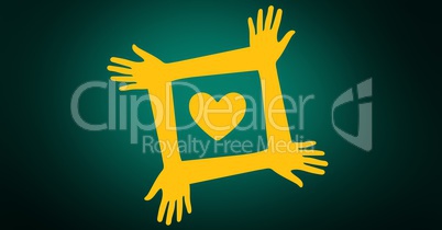 Volunteer hands with yellow heart against green background