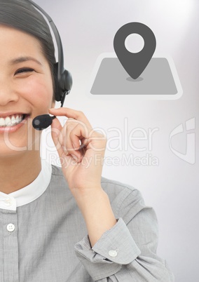 Customer service executive against location symbol on grey background