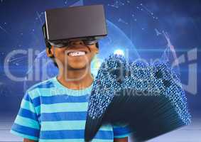 Cheerful boy using virtual reality headset and fibre optics interface