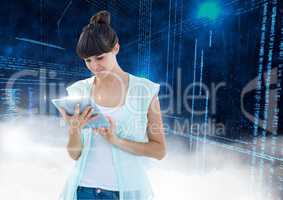 Woman using digital tablet with binary codes in background