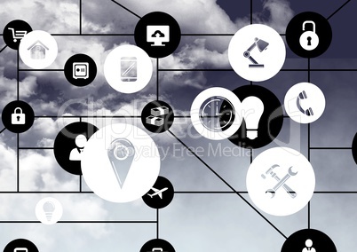 Various connecting icons with sky in background