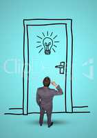 Conceptual image of businessman looking drawn door and light bulb