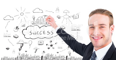 Portrait of smiling businessman drawing on white board