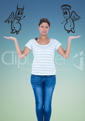 Confused woman between good and bad conscience