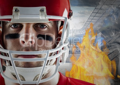 American football player with flames and stadium in background