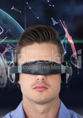 Man using virtual reality glasses against digitally generated background