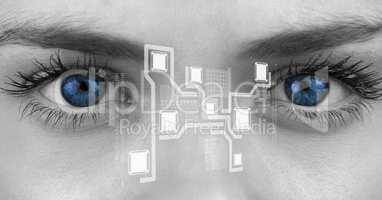 Eye of woman looking at cloud computing digital interface