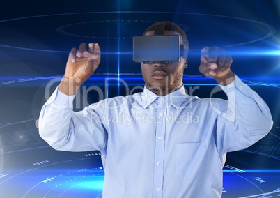 Man using virtual reality headset and interface screen