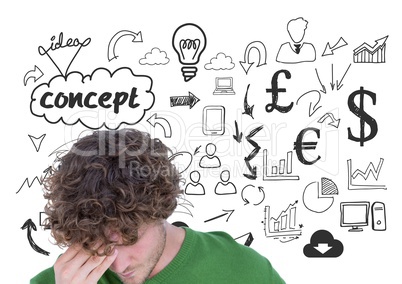 Thoughtful man with hand on forehead standing against various graphics icon