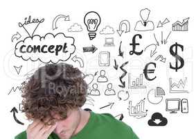 Thoughtful man with hand on forehead standing against various graphics icon