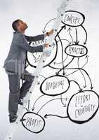 Businessman climbing a ladder against business plan concept in background