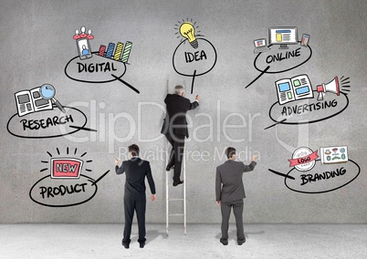 Business professionals drawing business planning concepts against grey background