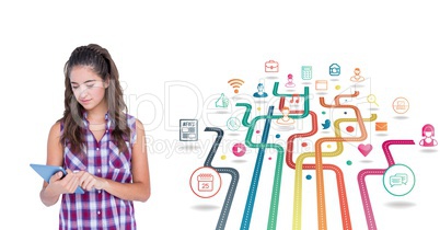 Woman using digital tablet against application icons