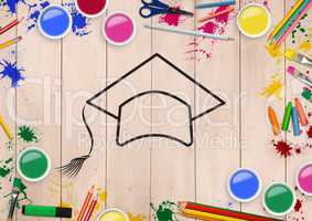 Convocation hat drawn on wooden plank with coloring tools