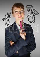 Digital composite image of a businesswoman with angel and devil