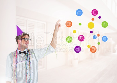 Nerd man with party hat and application icons
