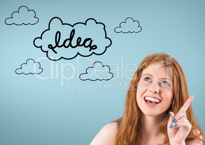 Smiling beautiful woman with text idea against blue background