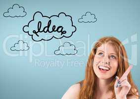 Smiling beautiful woman with text idea against blue background