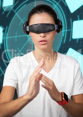 Woman wearing virtual reality glasses doing hands gestures against digital background