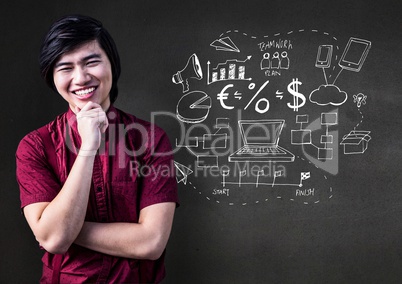Happy man standing next to communication and technology icons against grey background