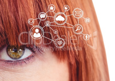 Eye of woman looking at cloud computing digital interface