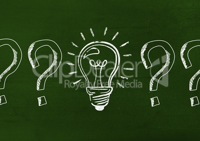 Innovative bulb and questions mark drawn on green background