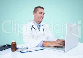 Doctor using laptop against blue background