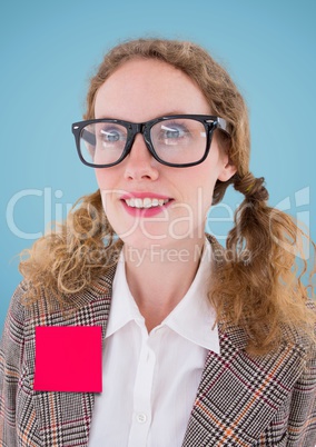 Woman with blank sticky note on her jacket