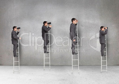 Businessmen standing on ladder looking through binoculars