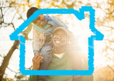 Home outline with father carrying his son on shoulders